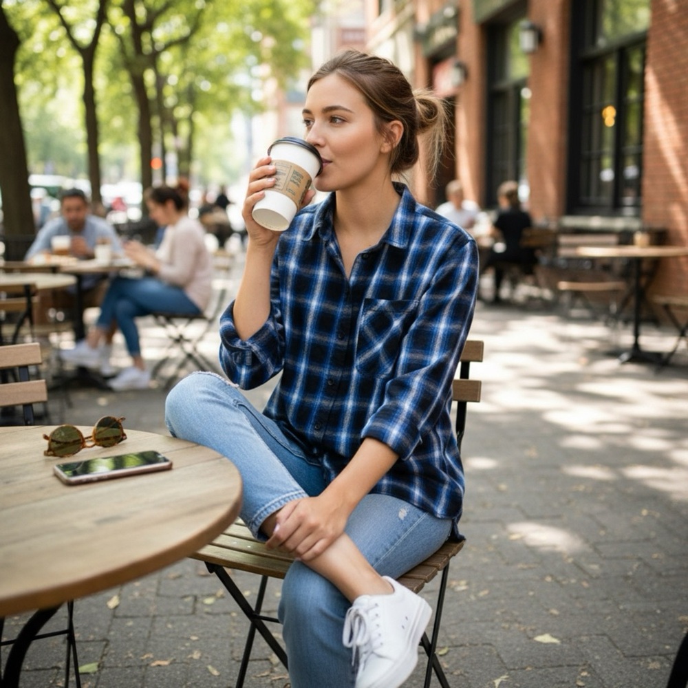 Blue and White Plaid Flannel Button-Up Shirt